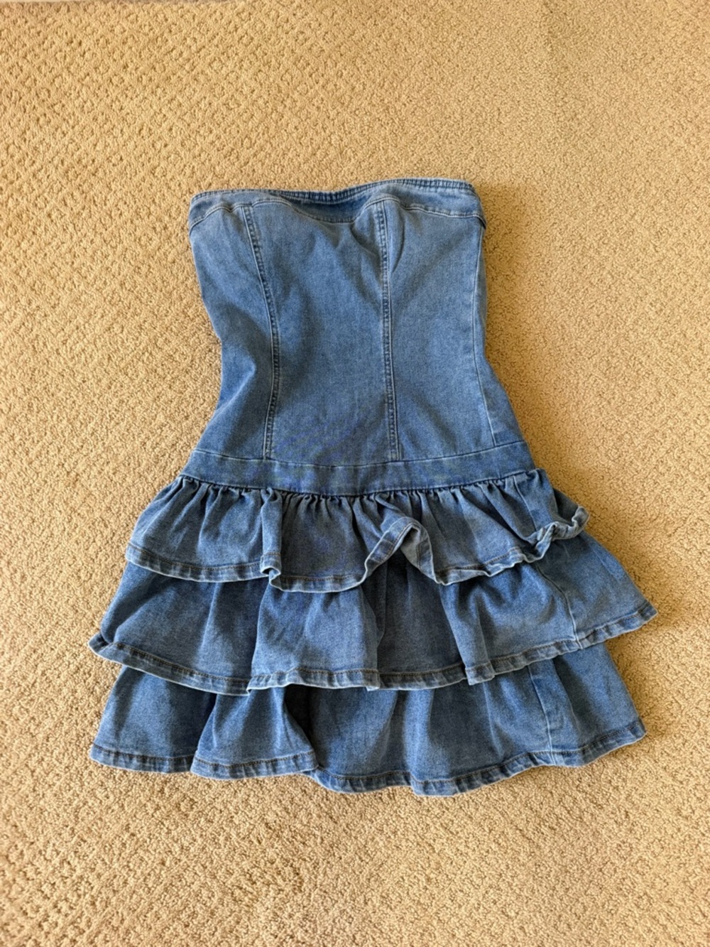 Denim Strapless Ruffle Tiered Mini Dress - Blue